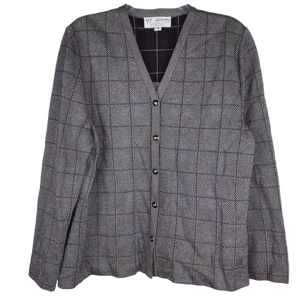 St. John Collection Cardigan Button Front Sweater Gray Plaid Metallic Size 14